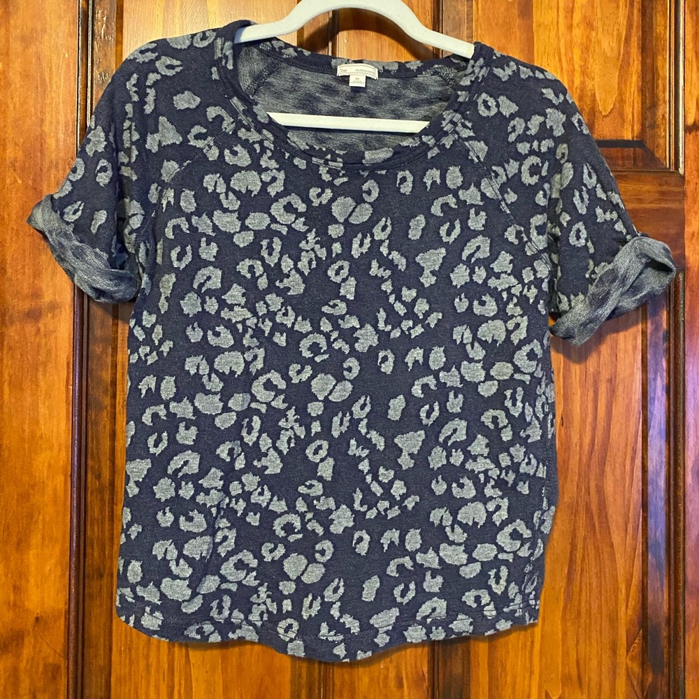 Gap Boxy Short Sleeve Sweater Cotton Modal Dark Navy Blue/Gray Leopard Print XS